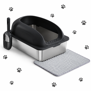 Arenero grande de acero inoxidable al por mayor con tapa para gatos grandes, bandeja de metal para inodoro de gatos con pala y alfombrilla para arena. - Product Image 1