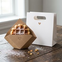 Ensemble d'emballages gaufrés en forme de cœur : support pliable en kraft pour gaufres et sac fourre-tout blanc à poignée découpée pour desserts minimalistes à emporter