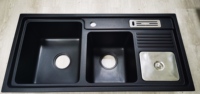 Évier de cuisine double cuve fait main avec support à couteaux à deux trous, multifonctionnel, style européen moderne, noir, à encastrer, surface mate, en quartz