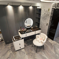 Table de toilette moderne de luxe rose avec éclairage LED, en bois massif et marbre, avec miroir, tiroir de rangement, pieds en métal, non pliable, pour chambre à coucher
