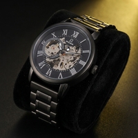 Montre mécanique automatique unisexe vintage à chiffres romains, chronographe, calendrier complet, double bracelet en acier et cuir