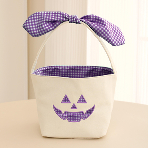 Cesta de lona a cuadros de gran venta para decoración de Halloween, con diseño de cara de calabaza divertida y para dulces - Product Image 4