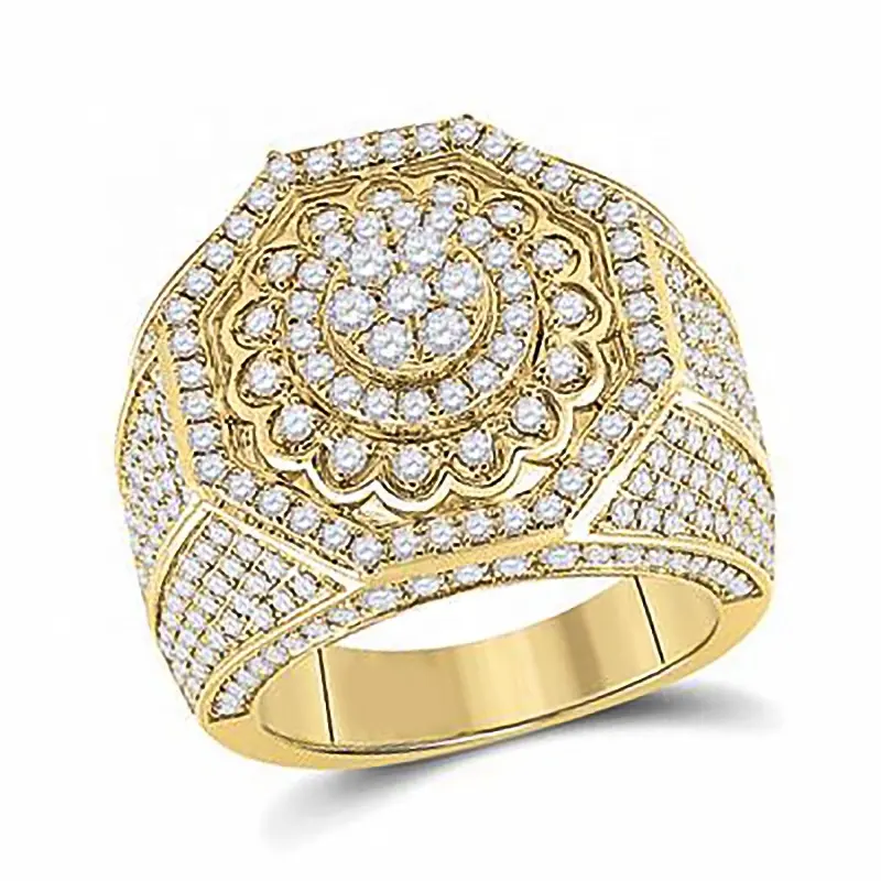 Oro sólido personalizado 9K 10K 14K Octágono anillos 3.5Ct diamante corte redondo relleno Iced Out Hiphop hombres anillos joyería fina