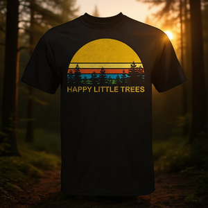 Camiseta Vintage Happy Little Trees Unisex Talla Mediana para Adultos Diseño Retro Estampado Gráfico Atardecer en el Bosque - Product Image 3