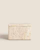 STONEKOCC Boîte de rangement carrée en marbre travertin naturel 12x8x12CM avec couvercle pour porche, salle de bain, vanité, articles divers, en pierre de travertin
