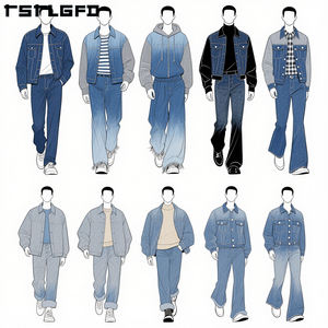 Tenues Streetwear en denim pour hommes-Ensembles imprimés surdimensionnés personnalisés Vestes et pantalons brodés lourds - Product Image 1