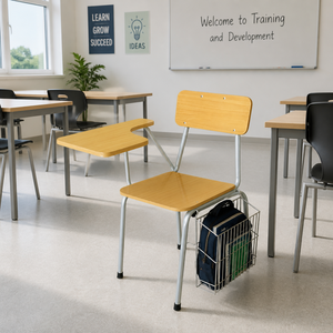 Chaise de formation avec <span class=keywords><strong>tablette</strong></span> d'écriture, assise et dossier en contreplaqué de 450 mm, filet porte-documents, revêtement poudré, pour projets scolaires et gouvernementaux - Product Image 1