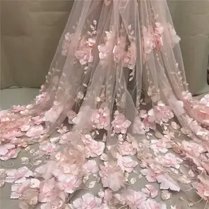 Tela de encaje Nigeriano para novia, aplique bordado de malla de alta calidad, 3D, flor de tul, color rosa, 2021