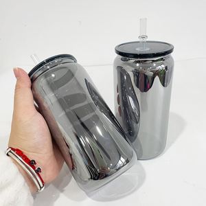 Gobelet en verre transparent en forme de canette de 16 oz, plaqué noir miroir, pour sublimation, avec couvercles en PP colorés - Product Image 2