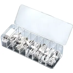 High Quality Plastic Division Large Clear PS Rectangle Desktop Data Cable Organizer Dust Storage Line Box With Lid