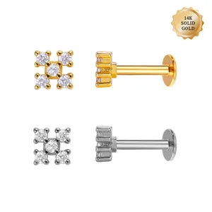 POENNIS-pendientes Piercing para el cuerpo, joyería de oro sólido de 14K, pendientes de cartílago cruzado de CZ transparente, Labret interno roscado