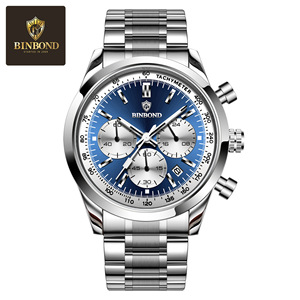 Binbond Men's Quartz Watch Stainless Steel Band Chronograph Tachymeter Calendar Luminous Blue Dial 30M Waterproof - Product Image 3