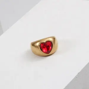 Stainless Steel Exquisite Promise Jewelry Gold Plated Eternal Single Big Ruby Red CZ Stone Heart Finger Rings For Women Girls
