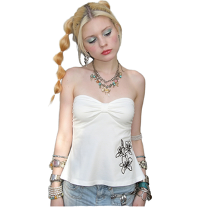 Embroidered Floral Knitted Short Sweet Tube <b>Top</b> Women Babydoll Ruffle Hem Bandeau <b>Crop</b> Printed Ruched Bust Sleeveless Summer - Product Image 1