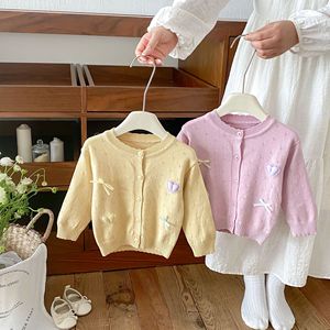 Cardigan en tricot pour bébé et jeune enfant, nouvelle collection automne 2026, col rond brodé, style coréen, en viscose pour petites filles - Product Image 3