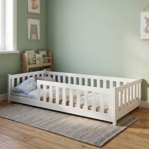 Pindel Handicraft Modern White Pine Wooden <b>Platform</b> <b>Bed</b> Twin Size Solid Wood <b>Frame</b> Kids Floor <b>Bed</b> Safety Rails Scandinavian - Product Image 2