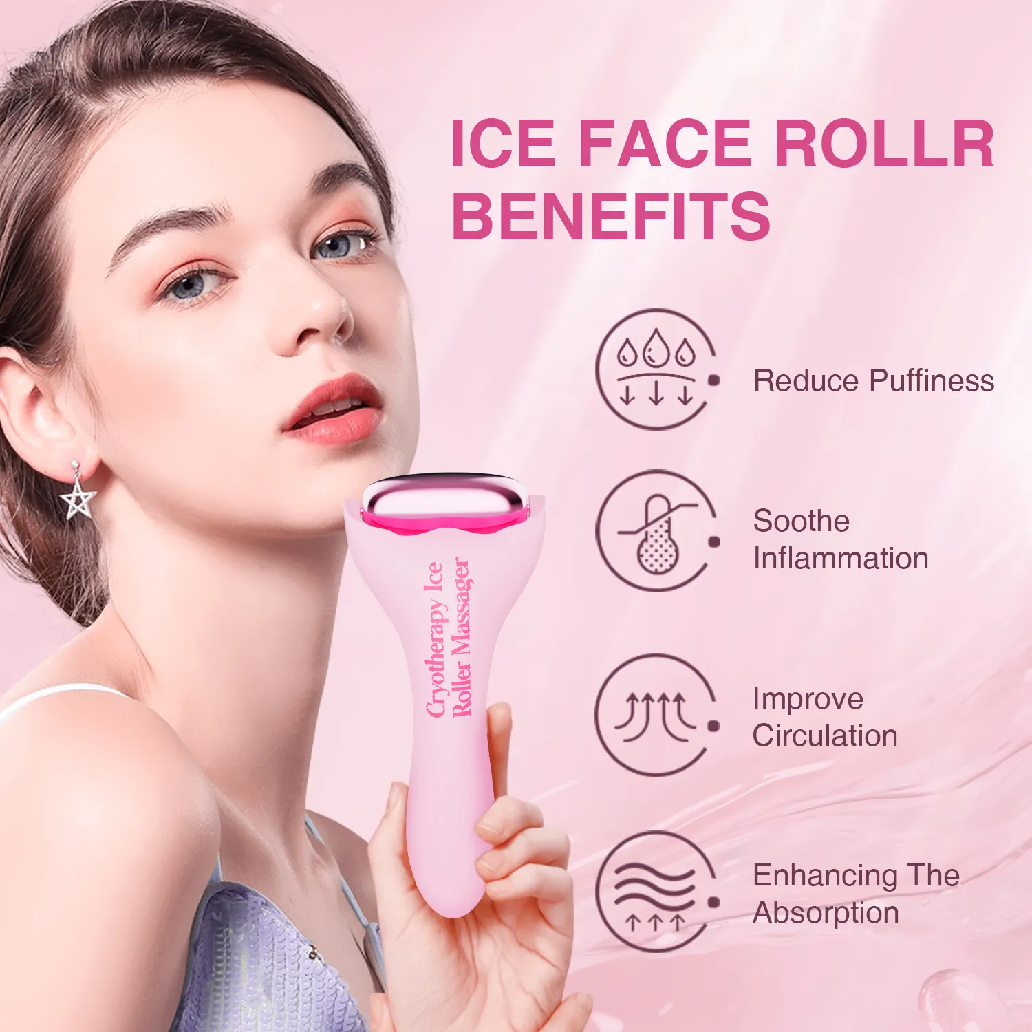 Rol wajah pembentuk es mode merah muda aluminium padat baru 2024 untuk pendingin kulit dengan rol pijat pembentuk es W dan V