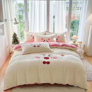 High Quality Kawaii Cartoon Lamb Fleece Plush Embroidery 4Pcs Animal Pattern Kids Winter Warm Bedding Set - Product Image 2
