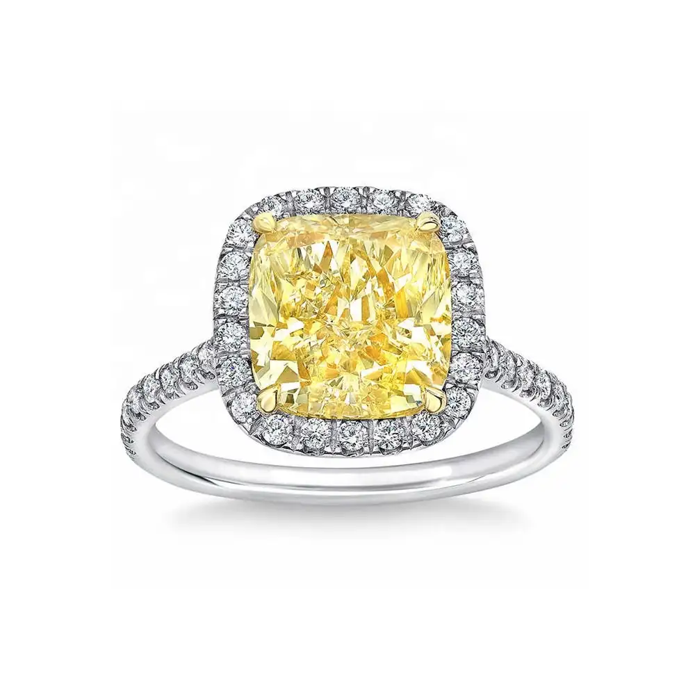 Fancy Cushion Cut Yellow Diamond Rhodium 925 Sterling Silver Wedding Rings Jewelry