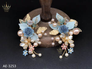AE-3253 AFLODY Pendientes de Flores de Perlas con Hojas de Cuentas Hechos a Mano, de Lujo, con Concha Azul y <span class=keywords><strong>Rosa</strong></span>, Accesorios para el <span class=keywords><strong>Cabello</strong></span> de Novia para Boda - Product Image 3
