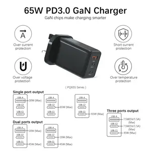 65W 2c1a Pd Qc 3.0 Wandlader Gan Usb Mobiele Telefoon Snellader Met Eu Au Us Uk Jp Kr Cn Plug