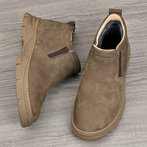 Chelsea Boots Men Genuine Leather Ankle Height <b>Round</b> Toe Slip-On <b>Cushioned</b> Rubber Outsole Autumn Solid Color Plush Lining - Product Image 3