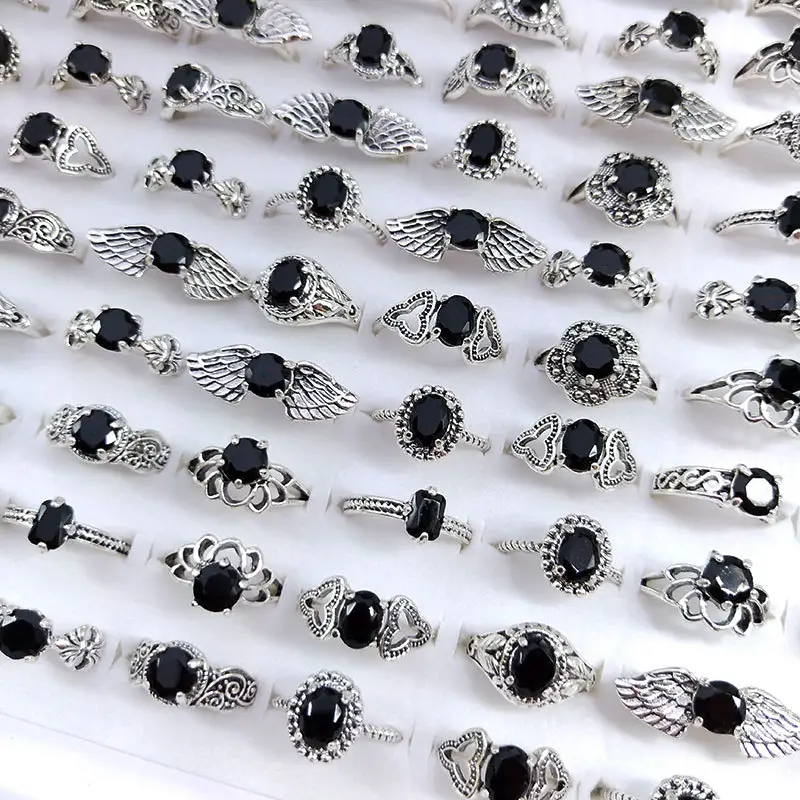 Toptan karışık kadınlar geometrik yüzük siyah cam kristaller antik gümüş Retro tarzı Mix elmas yüzük düğün takısı