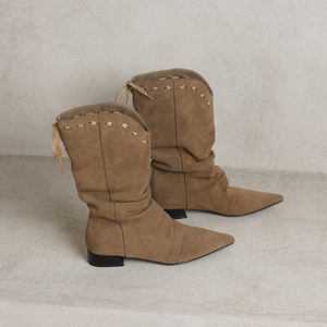 Nouveautés 2026 Bottes d'hiver pour femmes à bout pointu, style <span class=keywords><strong>cowboy</strong></span>, à lacets, confortables, à talon plat, à enfiler, économiques - Product Image 1