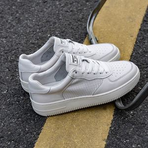 Baskets en cuir pleine fleur blanc perforé à bout rond, à lacets, avec semelle extérieure en caoutchouc strié, respirantes, pour la marche quotidienne décontractée - Product Image 2