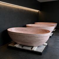 Baignoire autoportante ovale de luxe en marbre travertin moderne, installation encastrée, avec drain, pour villas et hôtels