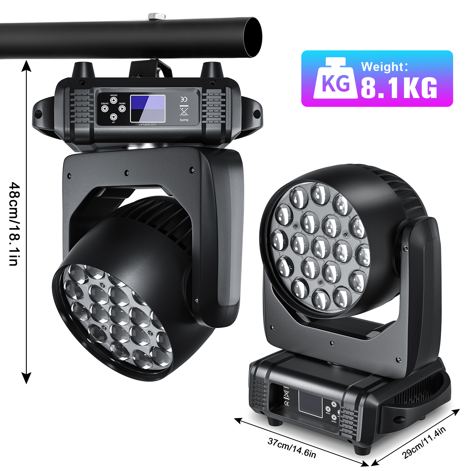 U`King RGBW Stage Light - 19 LED Zoom DMX Wash Moving Head Lights