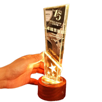 Nouveau design WZ : Trophée en bois lumineux à LED avec base en bois, plaque d'honneur en cristal unique, trophée de récompense en cristal avec base lumineuse en bois