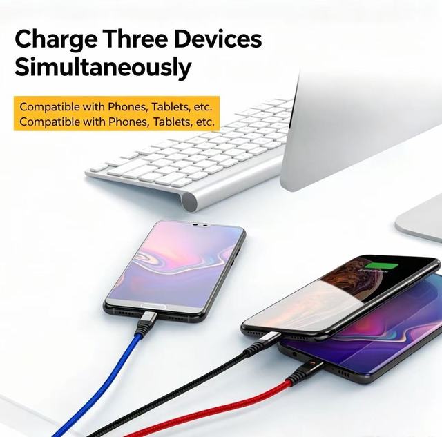 Multi Function 3 In 1 USB Charging Cable Red Blue Black Braided Cord Simultaneously Charge 3 Phones For iOS Android Type-C