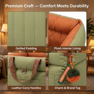 Coprisedile per <span class=keywords><strong>auto</strong></span> in pelle verde salvia con rivestimento interno color oliva pastello, in cotone di lusso moderno, con pompon in peluche color matcha, arancione e marrone chiaro - Product Image 5