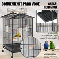 Cage à oiseaux noire robuste, design moderne et épuré, avec espace de jeu ouvert, roulettes, plusieurs perchoirs en bois et mangeoires, pour perroquet de taille moyenne