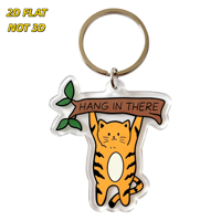 Porte-clés en acrylique imprimé UV Hang There Cat, motif chat tigré orange suspendu à une branche, bannière motivante, breloque transparente double face imperméable