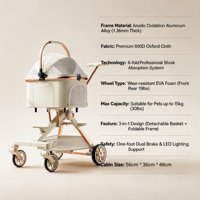 Poussette pour animaux de compagnie de luxe 3-en-1 à 6 plis, absorption des chocs, panier détachable, pliable, 4 roues en alliage d'aluminium, 15 kg, double, vente en gros d'usine
