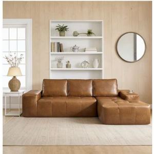 Canapé modulaire en forme de L, sectionnel, en similicuir marron, sans structure, avec chaise longue et assise profonde, style villa moderne, écologique, effet nuage - Product Image 1