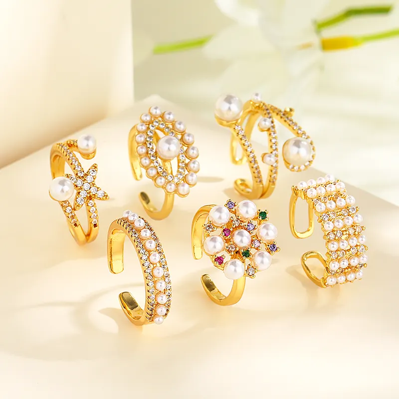 Women Fashion Thumb Jewelry Color 18K Gold-Plated Cz Cubic Zirconia Art Deco Style Brass Pearl Ring For Wholesale