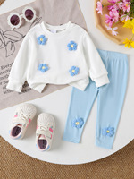 Ensemble deux pièces pour bébé fille, haut à fleurs décontracté, pantalon bleu clair, vêtements pour nourrissons, tout-petits, enfants, manches longues, tenue pour filles