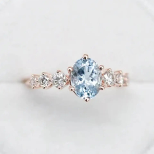 Bague de fiançailles délicate et fantastique en argent sterling S925 plaqué or rose, avec oxyde de zirconium rond et ovale, et aquamarine bleue, style grappe, bagues fines - Product Image 6