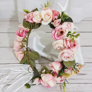 Coroa de flores boêmias para mulheres e meninas, chapéu de flores feito à mão para festas de casamento, coroa de noiva branca