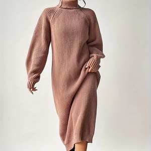 <span class=keywords><strong>Robe</strong></span> midi en tricot à manches longues de couleur unie décontractée pour femmes Col montant Pull intérieur <span class=keywords><strong>Robe</strong></span> pull - Product Image 1