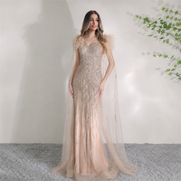 Robe de soirée sirène en plumes couleur champagne, col en V profond, manches cape ornées de perles et de sequins, longueur ras du sol, robe de fête, vente en gros sur mesure