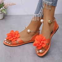 Sandales plates pour femmes avec décoration florale 3D, bout ouvert, bride arrière, chaussures décontractées d'été