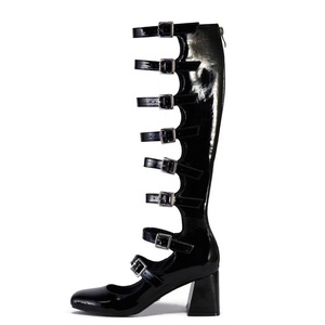 Summer Belt Buckles Women Knee High <b>Boots</b> Chunky Heels Patent Long Booties Sexy Square Toe Back Zipper Sandals Shoes - Product Image 4