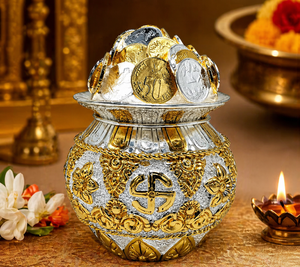 Traditional Gold-Plated Handmade Artistic Antique Religious Eco-Friendly Durable Kalash Resin Coin Hindu Deity <b>Mandir</b> Home - Product Image 1