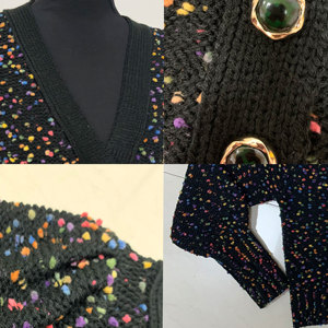 Cárdigan de punto de invierno con cuello en V, diseño de confeti, multicolor, de hilo nep, suéter holgado de manga globo para mujer - Product Image 4