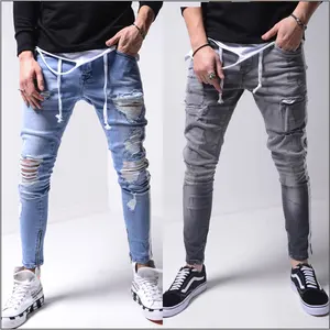 2024 Venda quente moda masculina europeia calças jeans de cintura alta com remendo e rugas cônicas