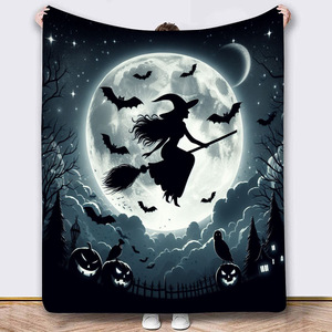 Halloween Witch Moon Night Flannel <b>Blanket</b> Rectangular Printed Polyester Cotton Home Decor Autumn Festival Style Washable - Product Image 1